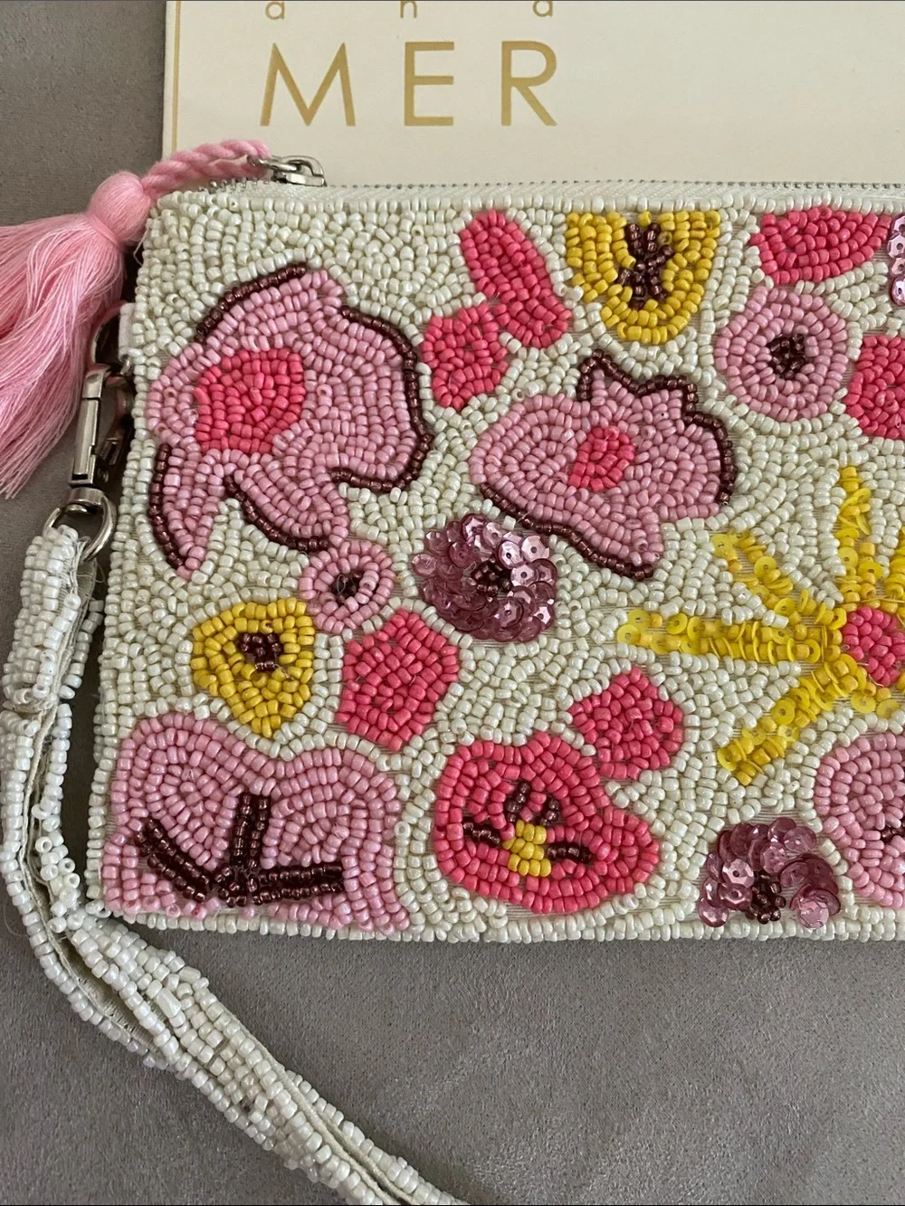 Sol and Mer Pink Floral Beaded Wristlet Clutch NWT. LARGE